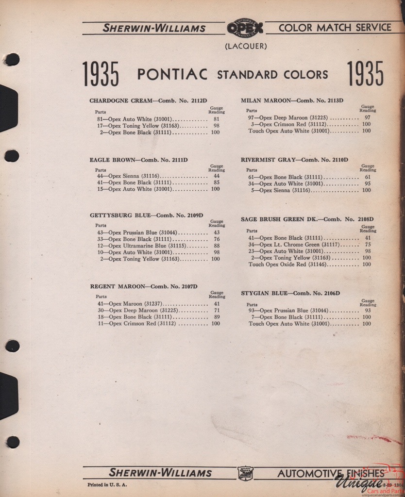 1935 Pontiac Paint Charts Williams 2